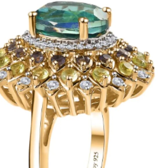 Peacock Quartz (Triplet) and Multi Gemstone Dahlia Floral Ring - Picture 6 of 6